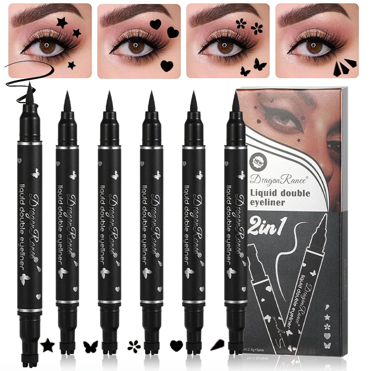 6PCS Coffret de Crayons Eye Liner Liquide à deux têtes, Liquid Eyeliner Stamp Pencil, Stylo Eyeliner Noir ailé pour Femme, Pochoirs Eyeliner Maquillage Tatouage Longue tenue