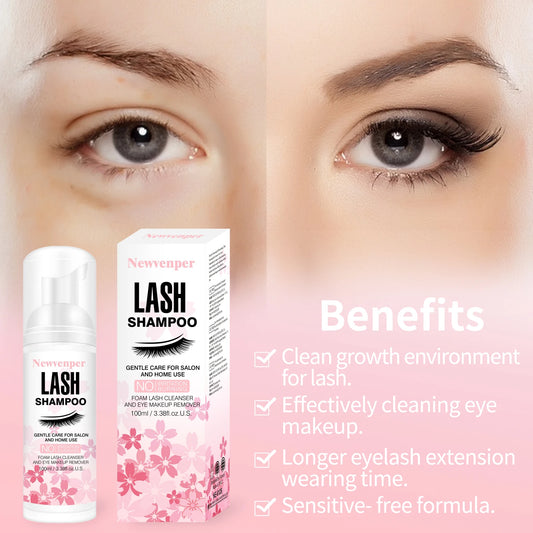 Shampoing moussant pour extensions de cils avec brosse nettoyante et applicateur mascara