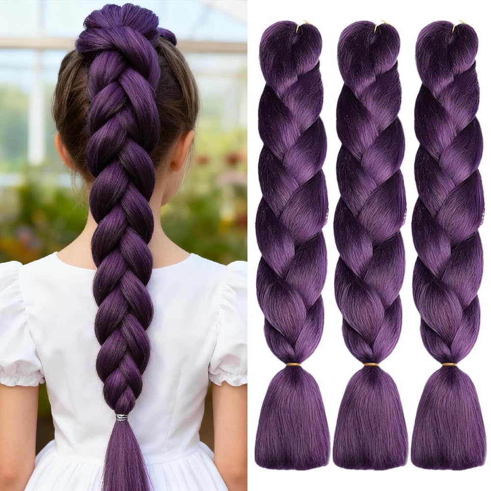 ShowJarlly Ombre Braiding Hair Extensions Synthetic Braiding Hair 24 Inch 1 Piece Box Braids Braiding Hair Extensions Dark Purple