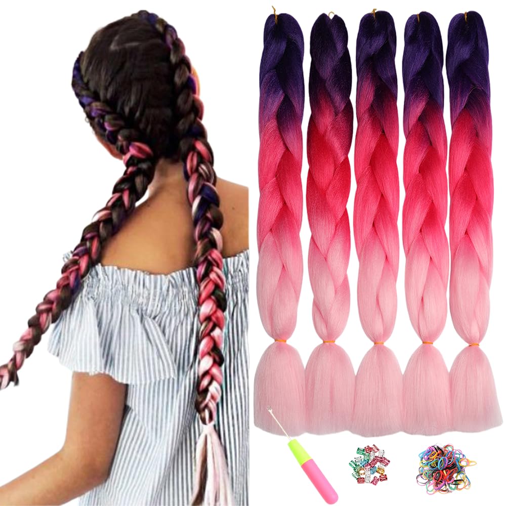 ShowJarlly Ombre Braiding Hair Extensions Synthetic Braiding Hair 24 Inch 1 Piece Box Braids Braiding Hair Extensions Dark Purple