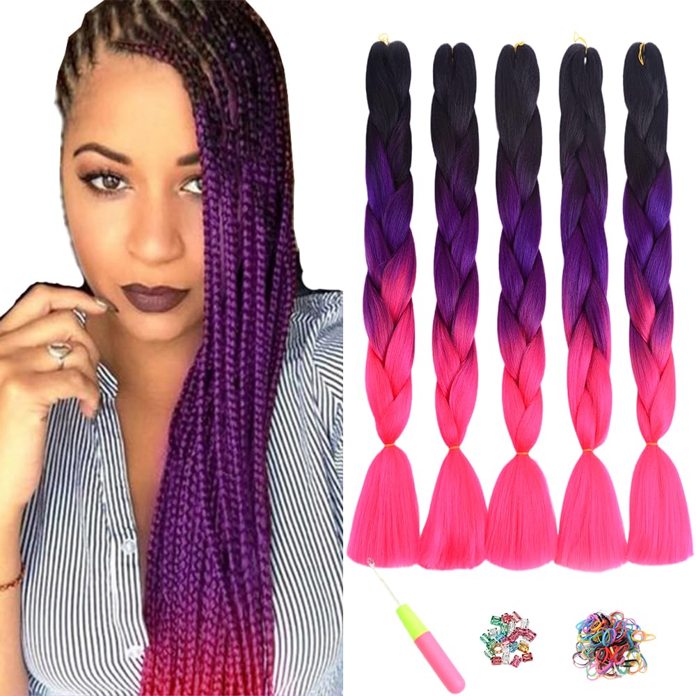ShowJarlly Ombre Braiding Hair Extensions Synthetic Braiding Hair 24 Inch 1 Piece Box Braids Braiding Hair Extensions Dark Purple