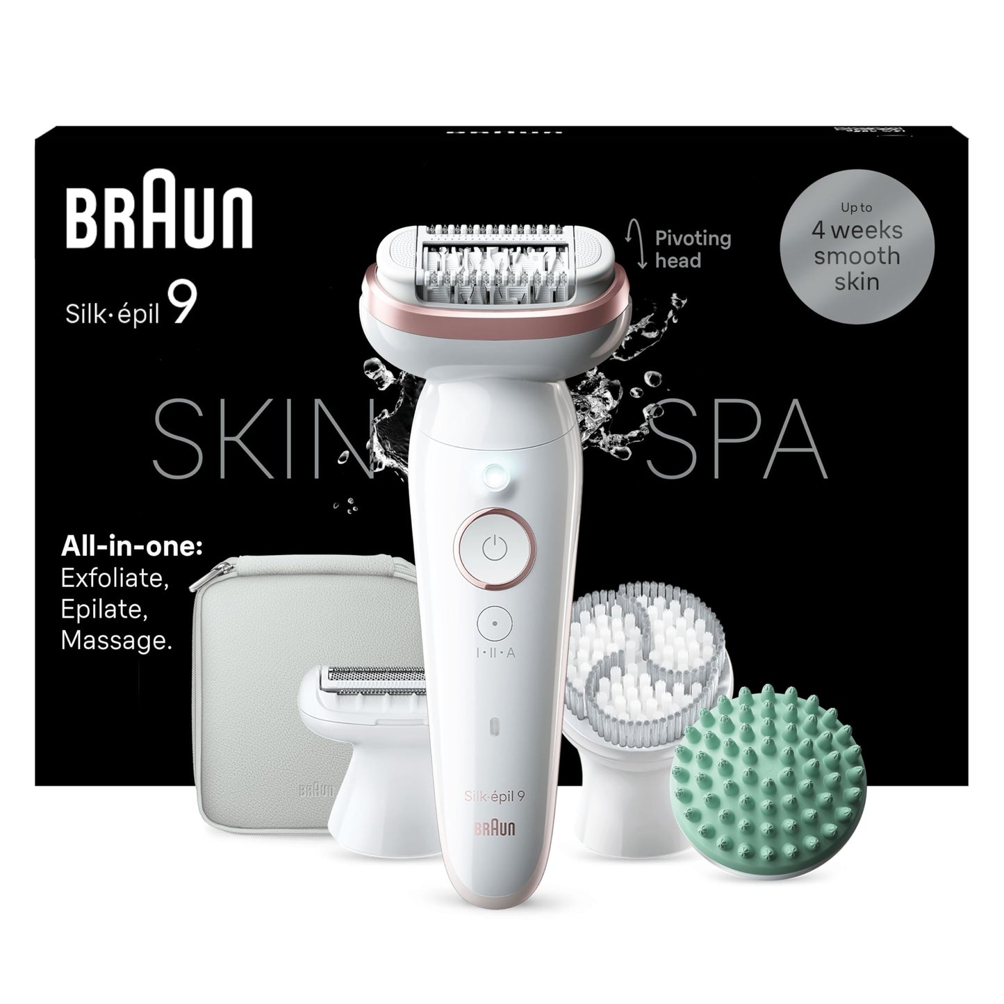 Braun Silk·épil 9 SkinSpa Women's Electric Epilator, Waterproof, All-in-One Epilator Set with Swivel Head, Exfoliating Brush, Shaving Head, Clipper Clipper and Massage Cushion, 9-080