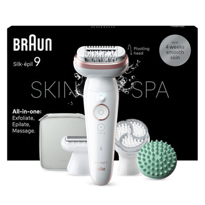 Braun Silk·épil 9 SkinSpa Women's Electric Epilator, Waterproof, All-in-One Epilator Set with Swivel Head, Exfoliating Brush, Shaving Head, Clipper Clipper and Massage Cushion, 9-080
