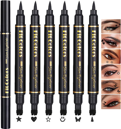 6PCS Coffret de Crayons Eye Liner Liquide à deux têtes, Liquid Eyeliner Stamp Pencil, Stylo Eyeliner Noir ailé pour Femme, Pochoirs Eyeliner Maquillage Tatouage Longue tenue