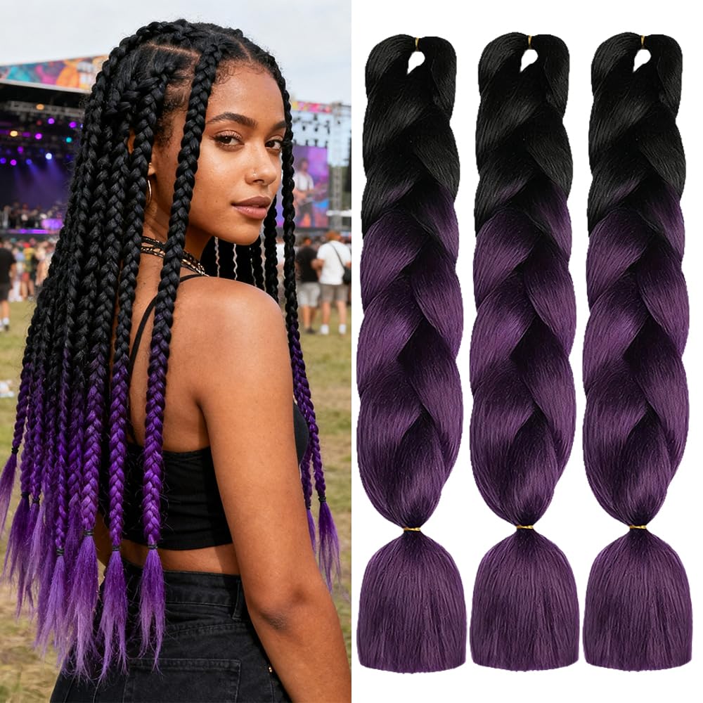 ShowJarlly Ombre Braiding Hair Extensions Synthetic Braiding Hair 24 Inch 1 Piece Box Braids Braiding Hair Extensions Dark Purple