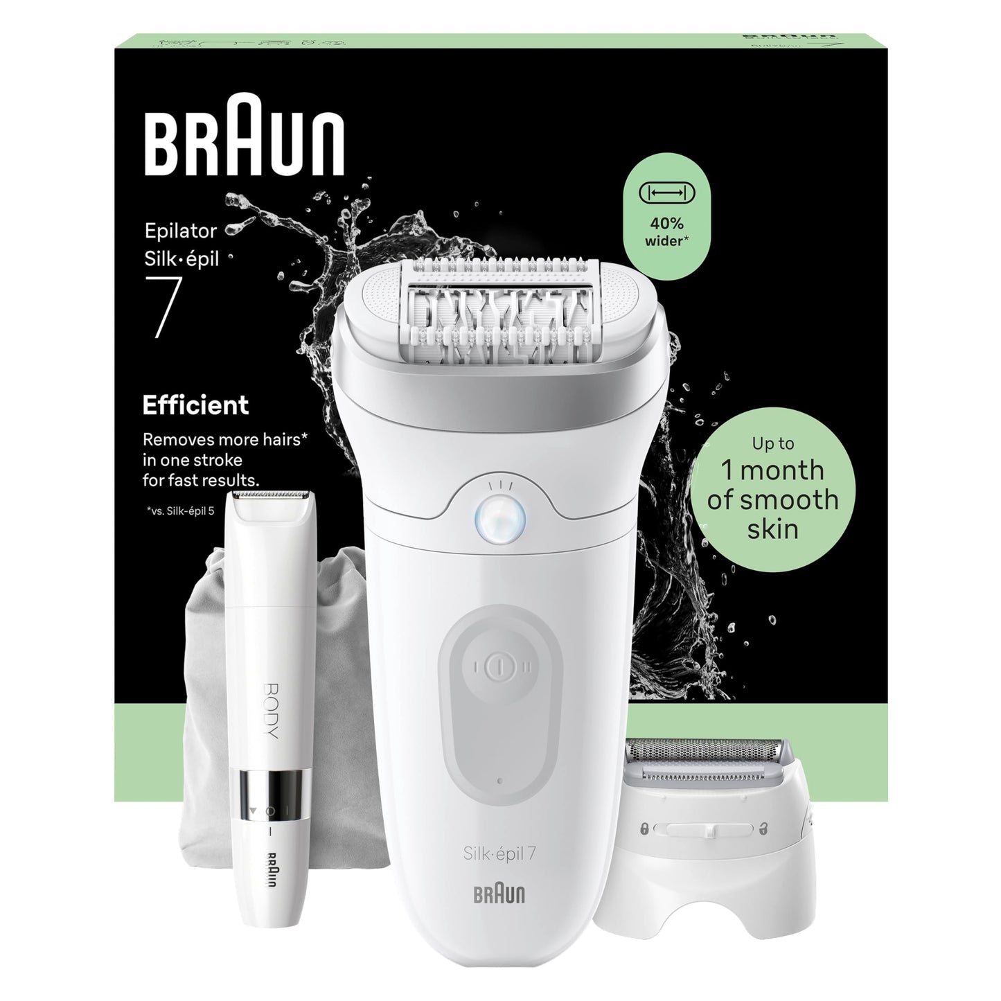 Braun Silk·épil 7 Women's Electric Epilator, Silver, Waterproof, Wide Head for Easy Hair Removal, Massage Roller Tip, Box with Precision Accessory, 7-011