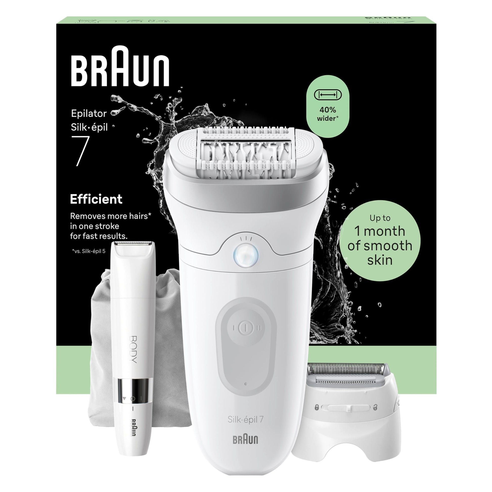 Braun Silk·épil 7 Women's Electric Epilator, Silver, Waterproof, Wide Head for Easy Hair Removal, Massage Roller Tip, Box with Precision Accessory, 7-011