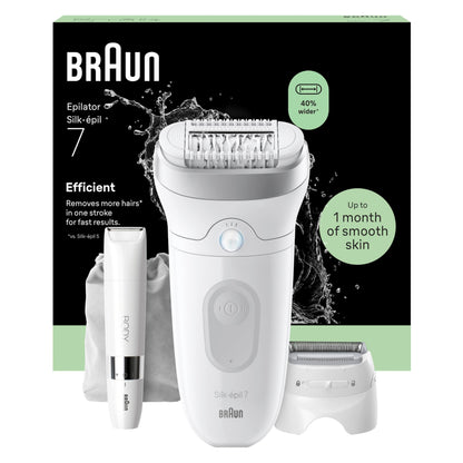 Braun Silk·épil 7 Women's Electric Epilator, Silver, Waterproof, Wide Head for Easy Hair Removal, Massage Roller Tip, Box with Precision Accessory, 7-011