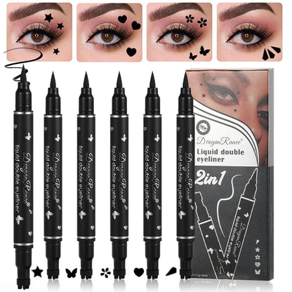 6PCS Coffret de Crayons Eye Liner Liquide à deux têtes, Liquid Eyeliner Stamp Pencil, Stylo Eyeliner Noir ailé pour Femme, Pochoirs Eyeliner Maquillage Tatouage Longue tenue