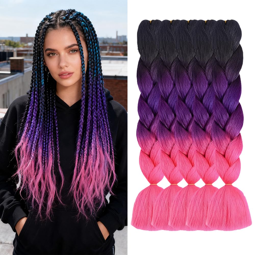 ShowJarlly Ombre Braiding Hair Extensions Synthetic Braiding Hair 24 Inch 1 Piece Box Braids Braiding Hair Extensions Dark Purple