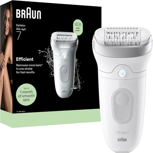 Braun Silk·épil 7 Women's Electric Epilator, Silver, Waterproof, Wide Head for Easy Hair Removal, Massage Roller Tip, Box with Precision Accessory, 7-011