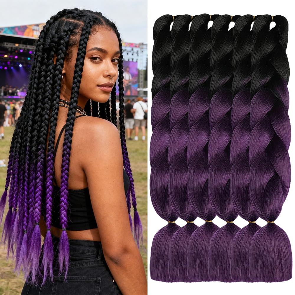 ShowJarlly Ombre Braiding Hair Extensions Synthetic Braiding Hair 24 Inch 1 Piece Box Braids Braiding Hair Extensions Dark Purple