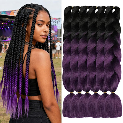 ShowJarlly Ombre Braiding Hair Extensions Synthetic Braiding Hair 24 Inch 1 Piece Box Braids Braiding Hair Extensions Dark Purple