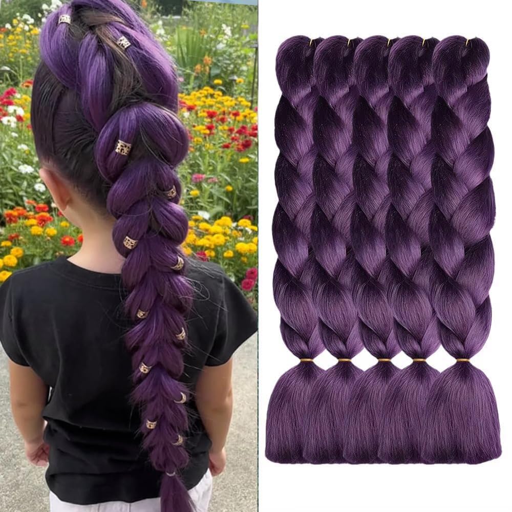 ShowJarlly Ombre Braiding Hair Extensions Synthetic Braiding Hair 24 Inch 1 Piece Box Braids Braiding Hair Extensions Dark Purple