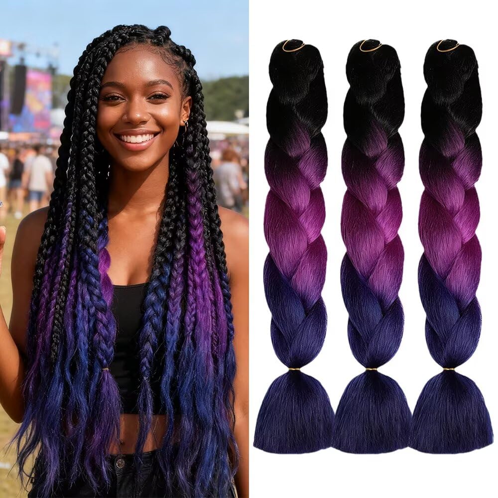 ShowJarlly Ombre Braiding Hair Extensions Synthetic Braiding Hair 24 Inch 1 Piece Box Braids Braiding Hair Extensions Dark Purple