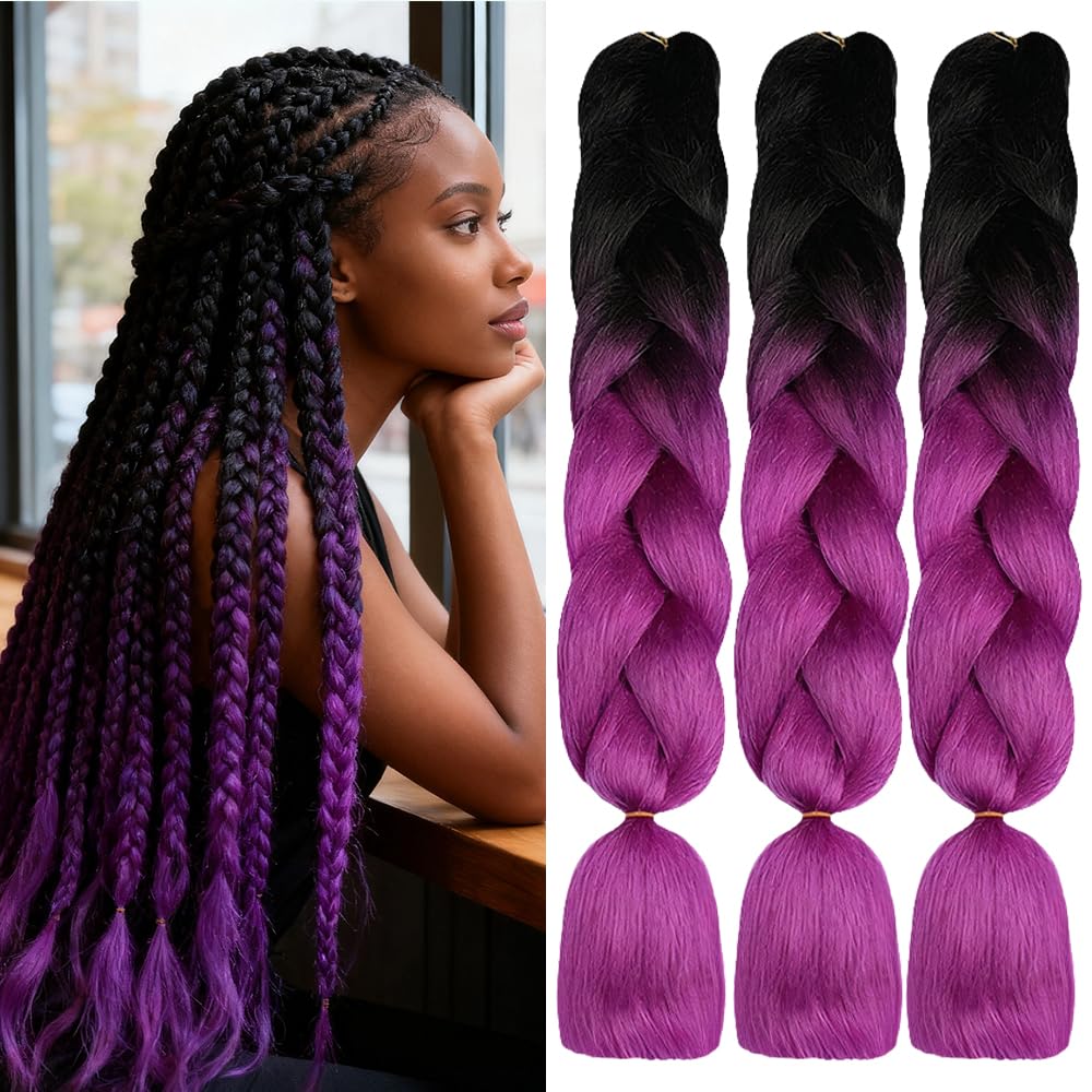 ShowJarlly Ombre Braiding Hair Extensions Synthetic Braiding Hair 24 Inch 1 Piece Box Braids Braiding Hair Extensions Dark Purple