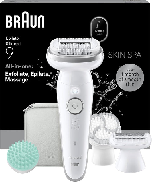 Braun Silk·épil 9 SkinSpa Women's Electric Epilator, Waterproof, All-in-One Epilator Set with Swivel Head, Exfoliating Brush, Shaving Head, Clipper Clipper and Massage Cushion, 9-080