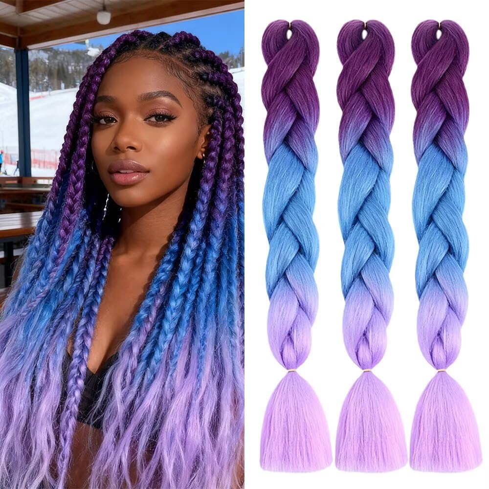 ShowJarlly Ombre Braiding Hair Extensions Synthetic Braiding Hair 24 Inch 1 Piece Box Braids Braiding Hair Extensions Dark Purple