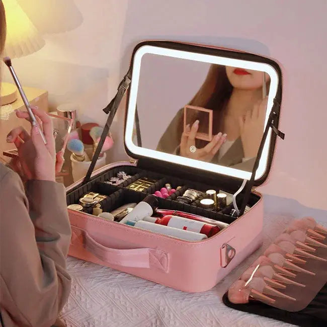 Mallette cosmétique LED intelligente avec miroir ouvert