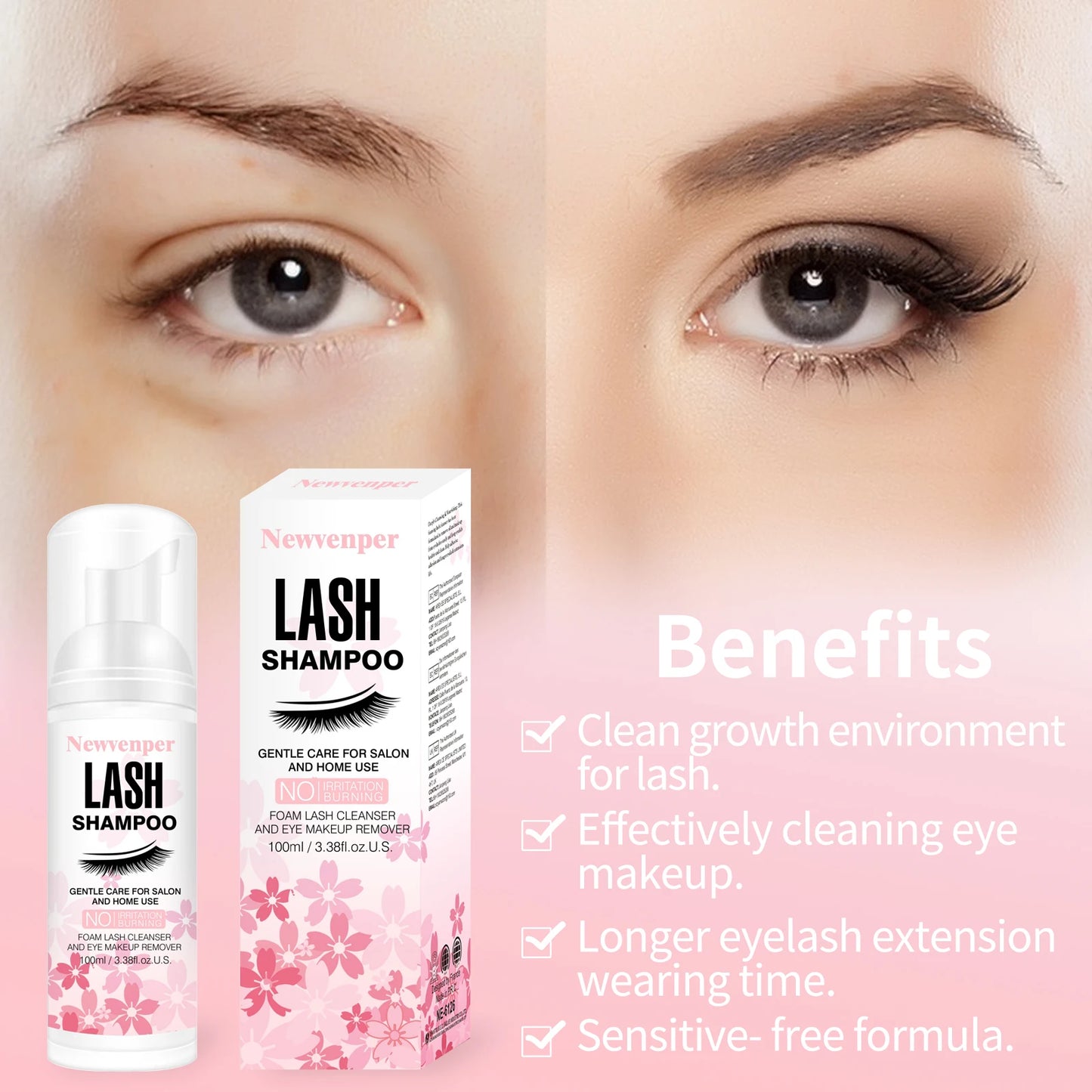 Shampoing moussant pour extensions de cils avec brosse nettoyante et applicateur mascara