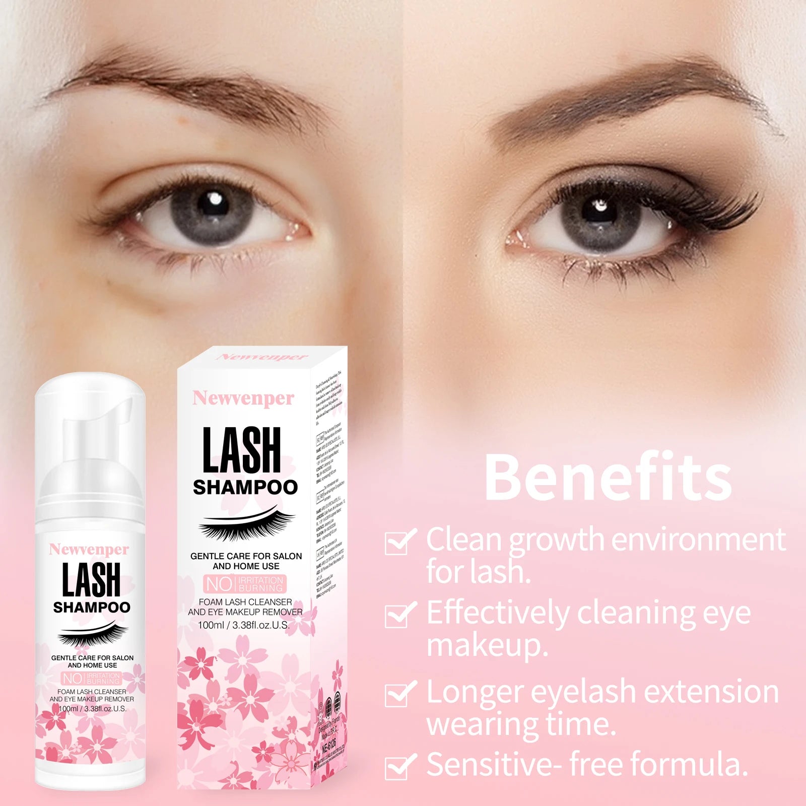 Shampoing moussant pour extensions de cils avec brosse nettoyante et applicateur mascara