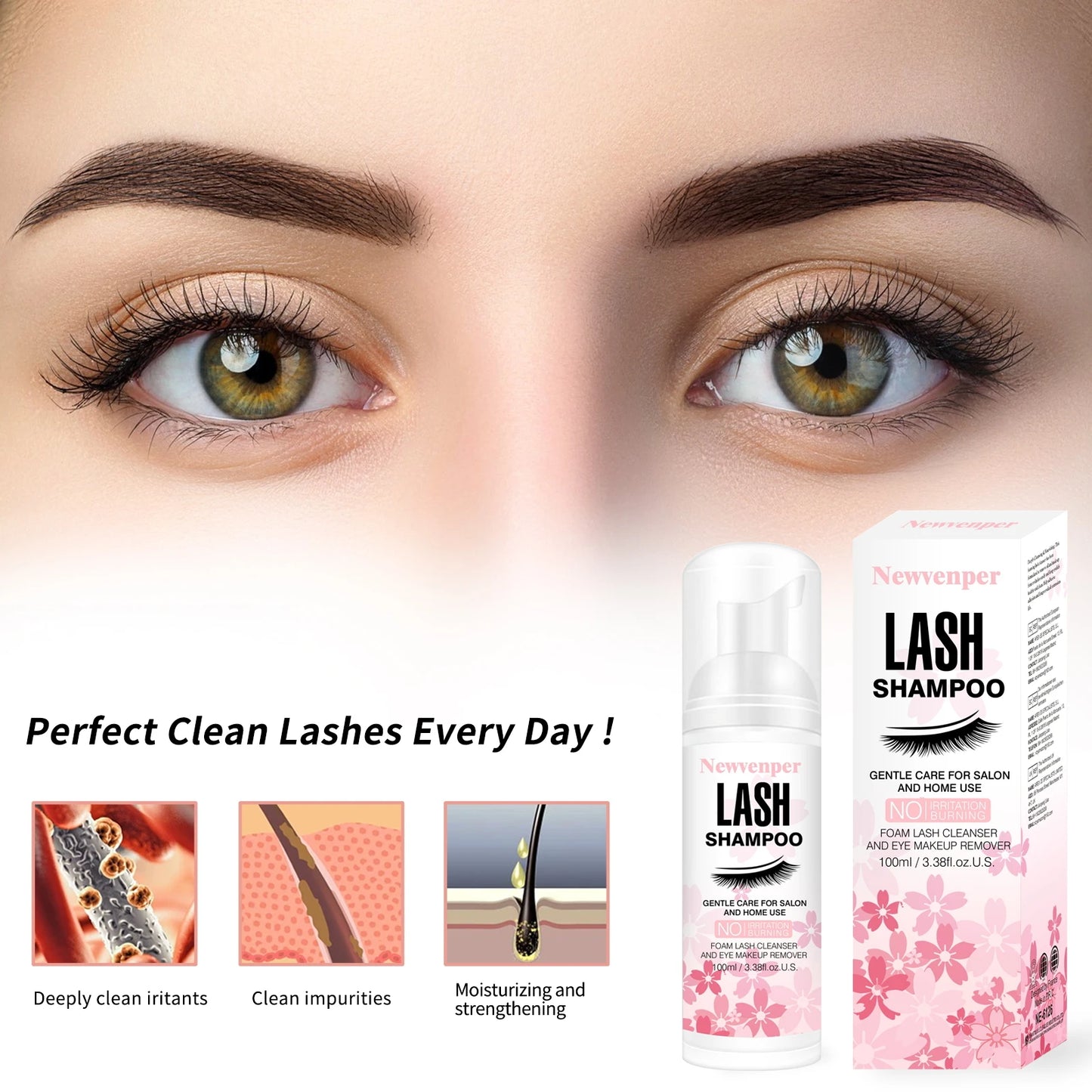 Shampoing moussant pour extensions de cils avec brosse nettoyante et applicateur mascara