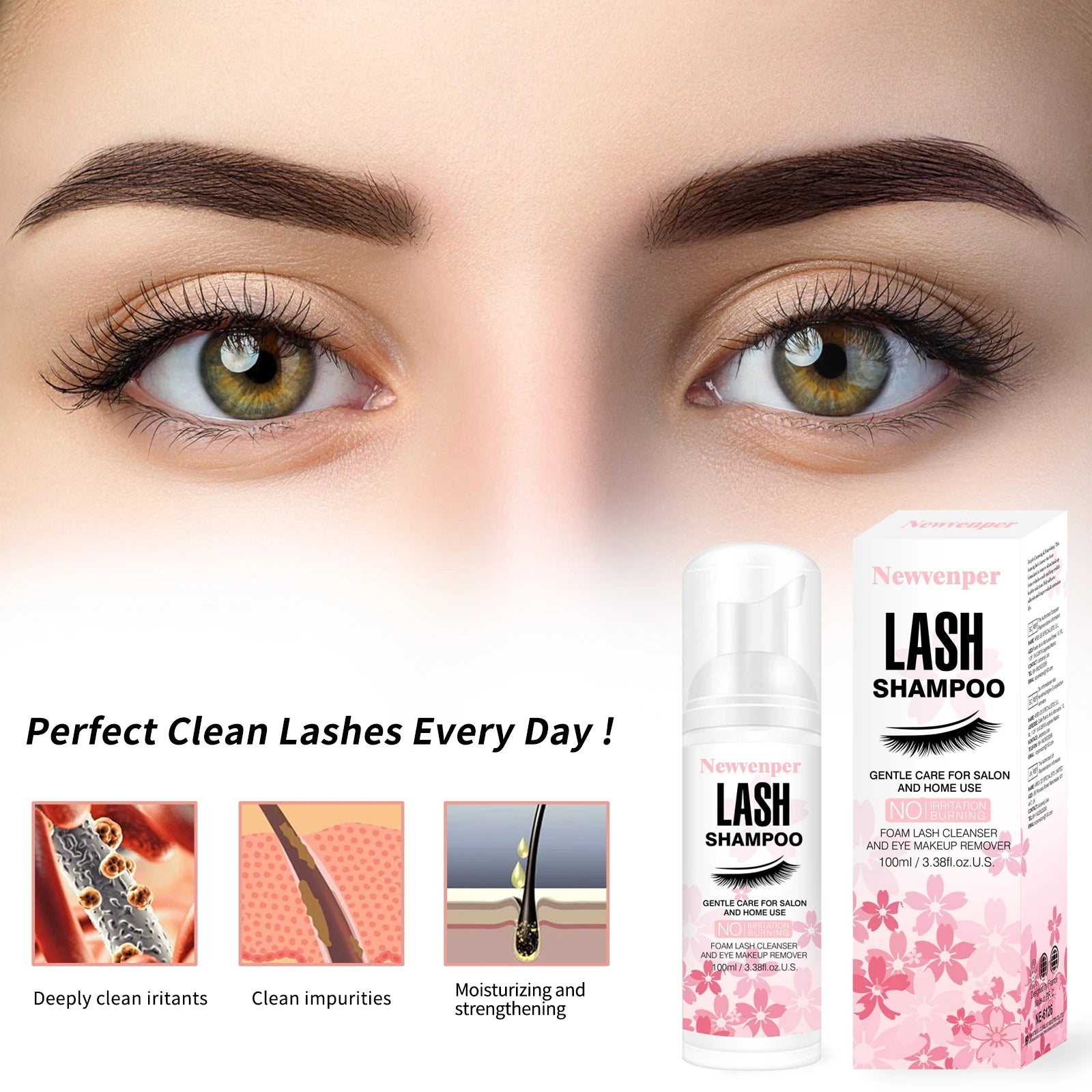 Shampoing moussant pour extensions de cils avec brosse nettoyante et applicateur mascara