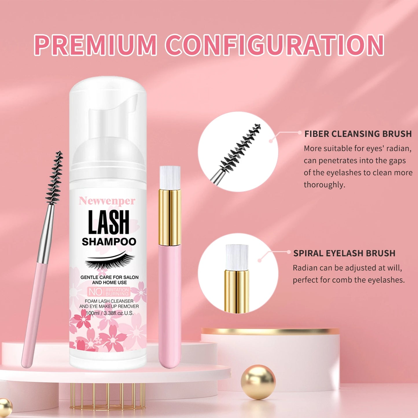 Shampoing moussant pour extensions de cils avec brosse nettoyante et applicateur mascara