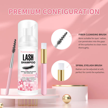 Shampoing moussant pour extensions de cils avec brosse nettoyante et applicateur mascara
