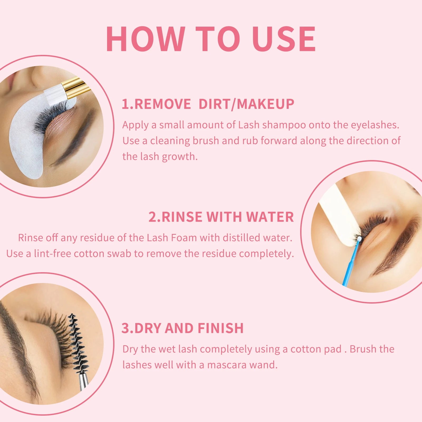 Shampoing moussant pour extensions de cils avec brosse nettoyante et applicateur mascara