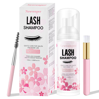 Shampoing moussant pour extensions de cils avec brosse nettoyante et applicateur mascara